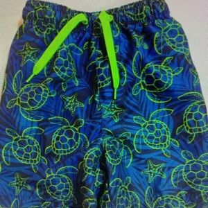 Kids Swim Trunks with Turtle Print - Blue and Green